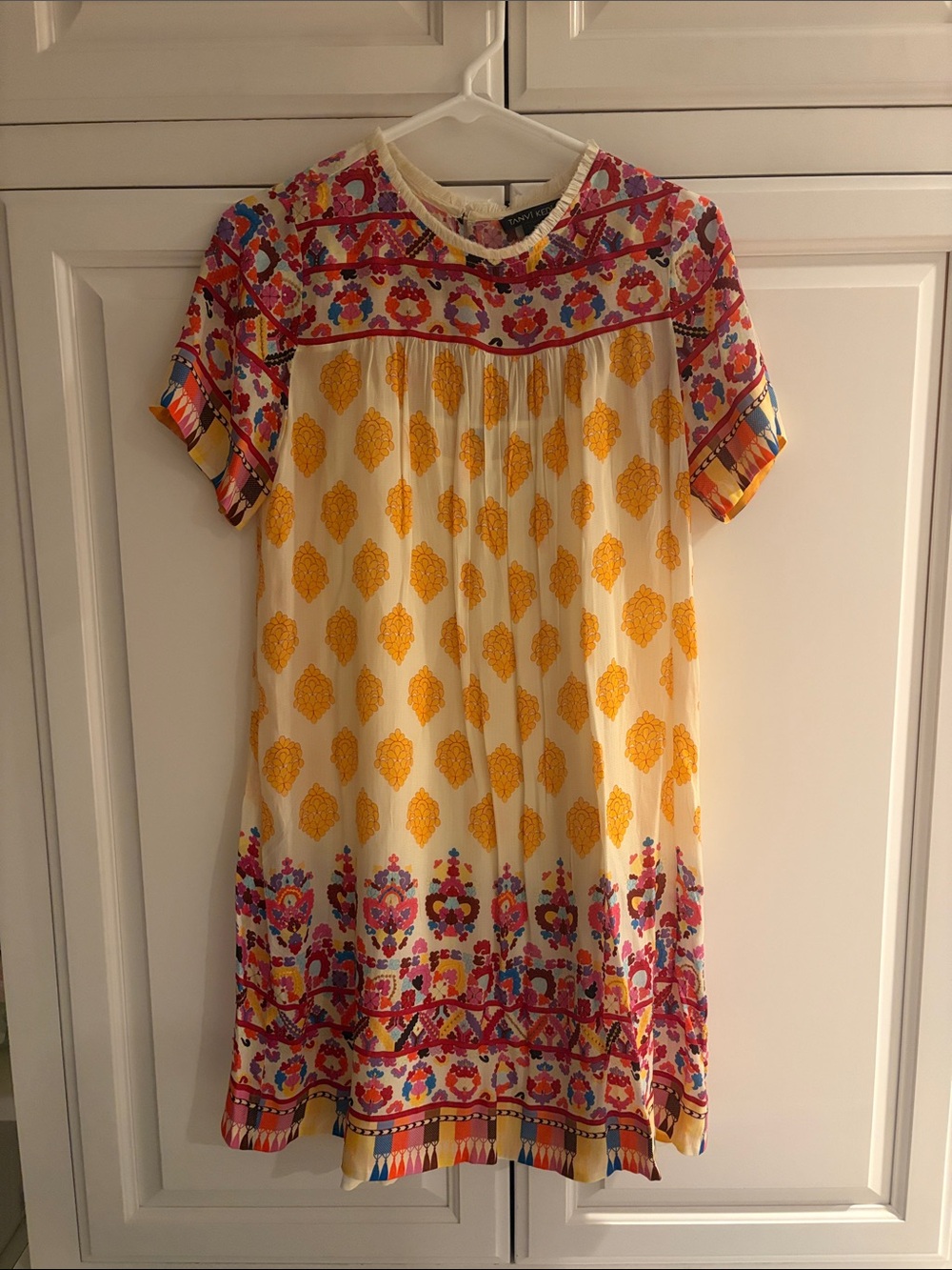 Anthropology- Boho Floral-Trim Casual Dress in Yellow and Pink